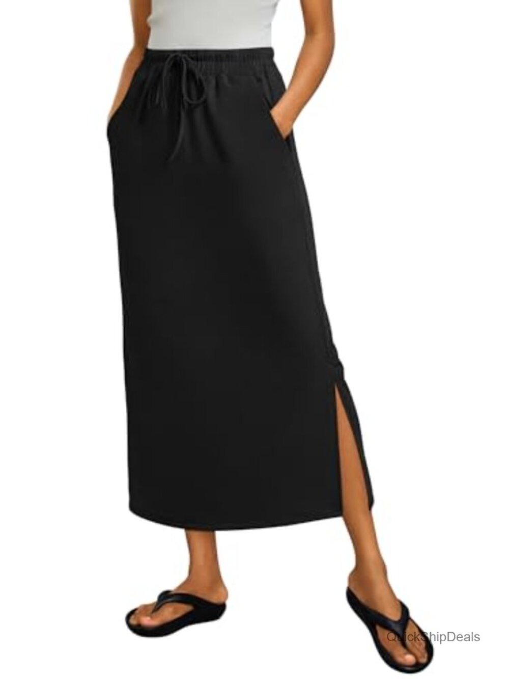 Women's Maxi Skirt High Waist Drawstring Side Slit Pockets Casual